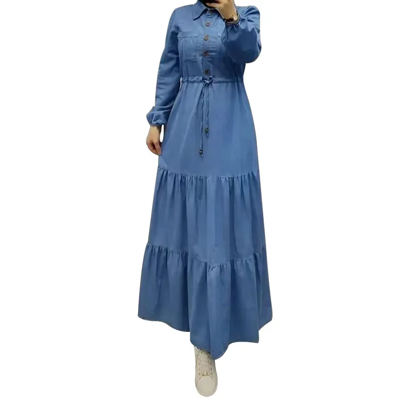 Elegant Denim Dress Single-breasted Dubai Turkey Kaftan Muslim Turn Down Collar Dresses for Women Femme Caftan Islam Clothing