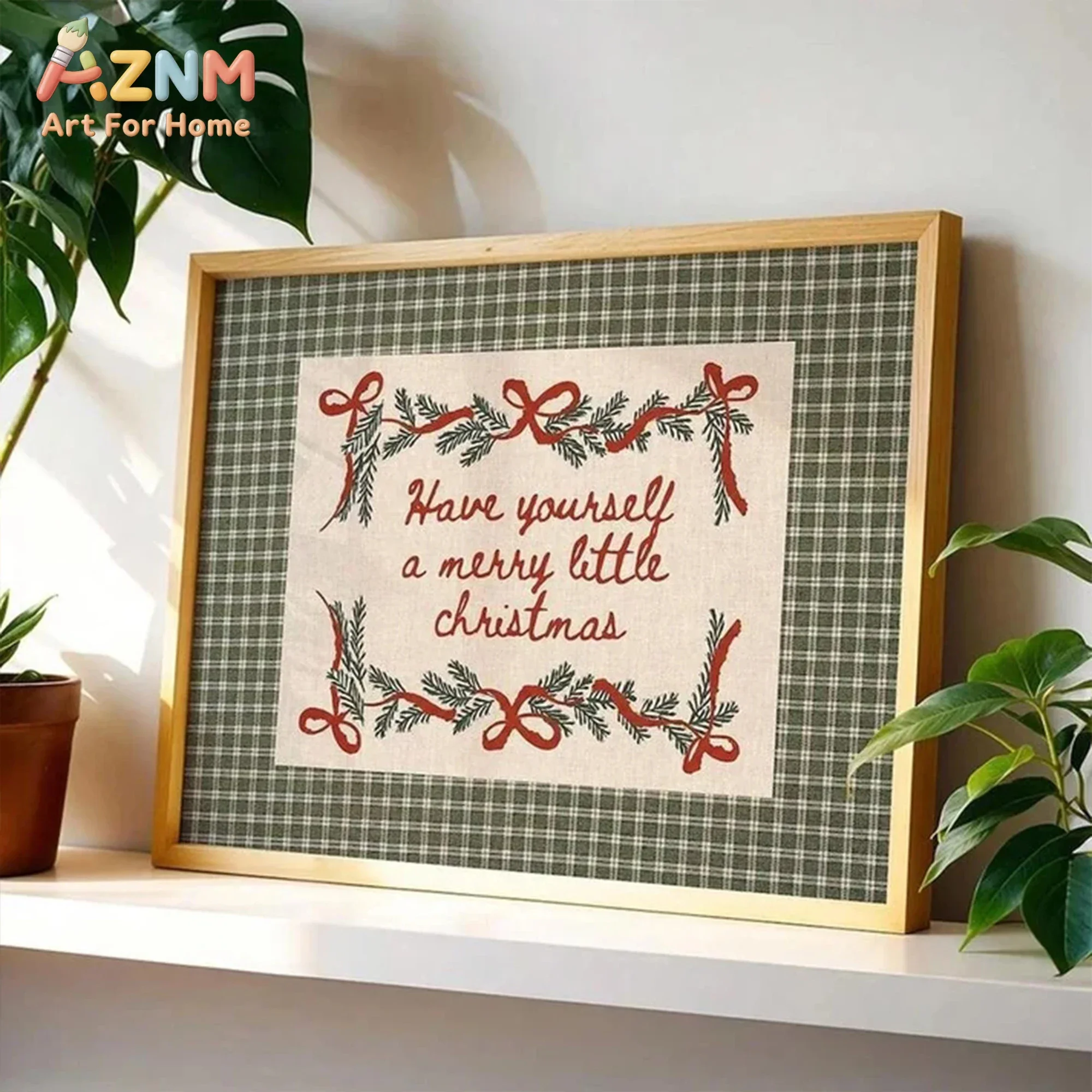 AZNM Have Yourself A Merry Little Christmas Canvas Wall Art Green Gingham Pine Sprig Red Bow Quote Print Painting for Xmas Livin