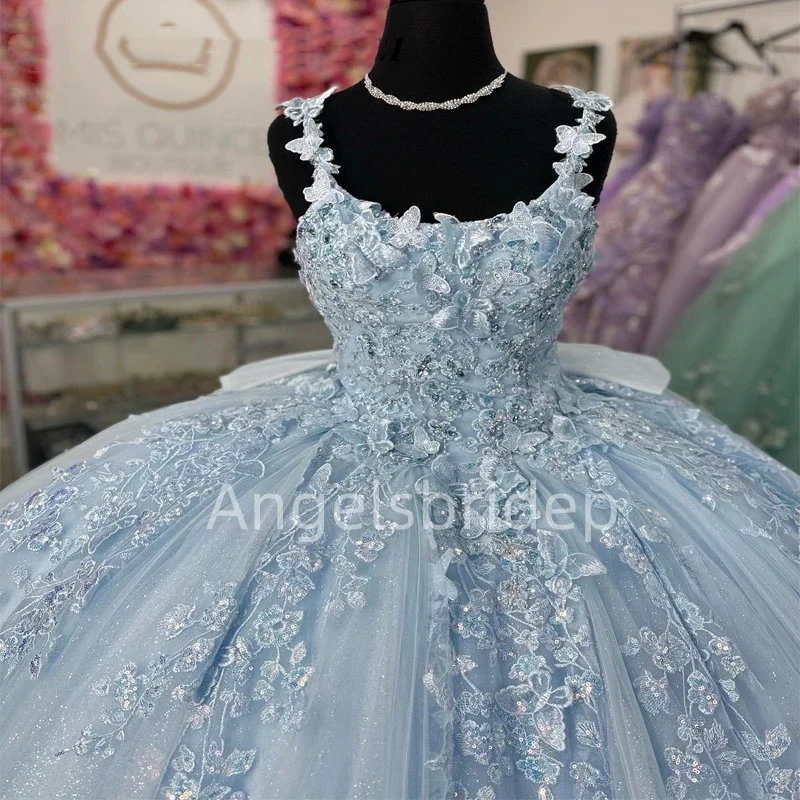 Angelsbride Ball Gown 15 Year Old Quinceanera Dresses Sky Blue Lace Appliques Butterfly Cape Formal Birthday Vestidos De Festa