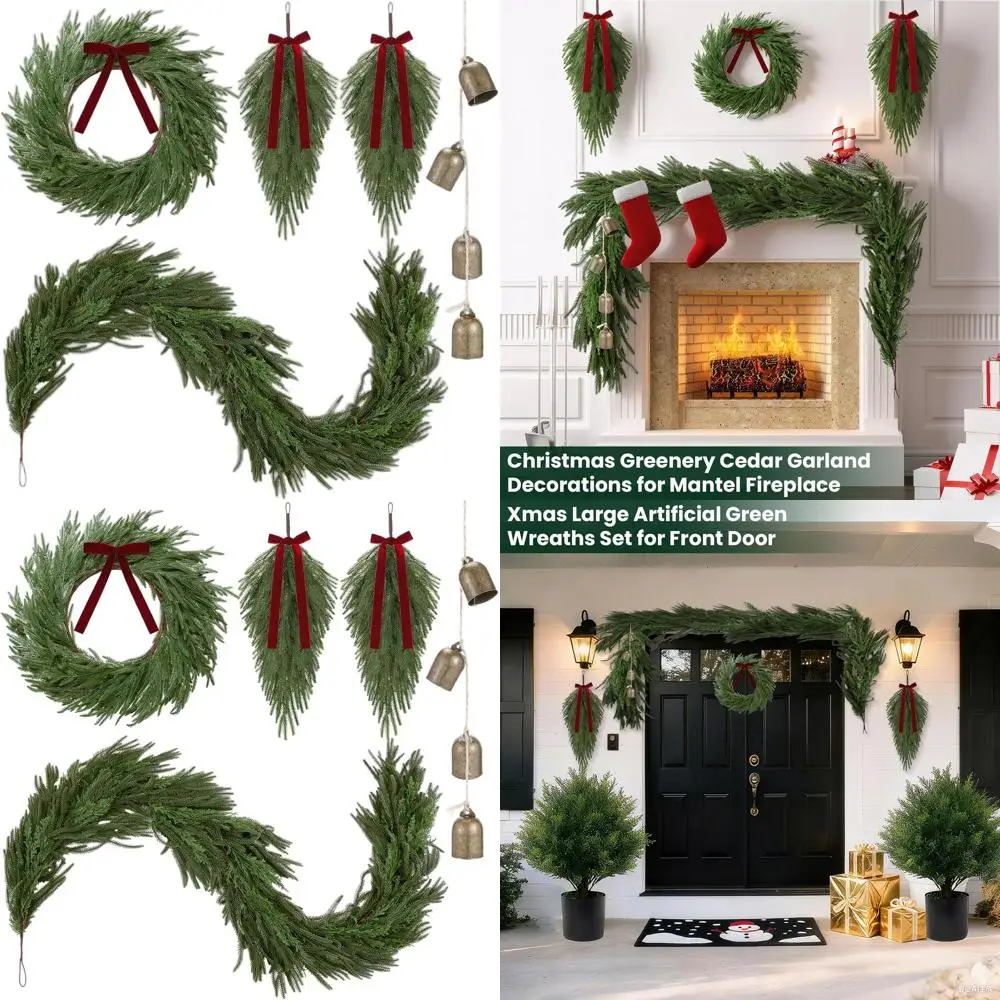 

6-Foot Realistic Christmas Norfolk Pine Garland with 24 Wreath, 2 Teardrop Swags, and Gold Bells for Indoor/Outdoor Holiday Deco