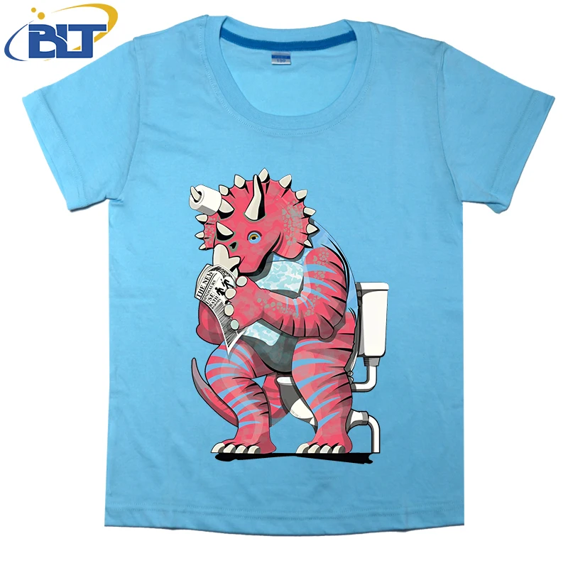 T-shirt imprimé Triceratops sur les toilettes pour enfants, haut décontracté à manches courtes, coton, adapté aux garçons et aux filles, été