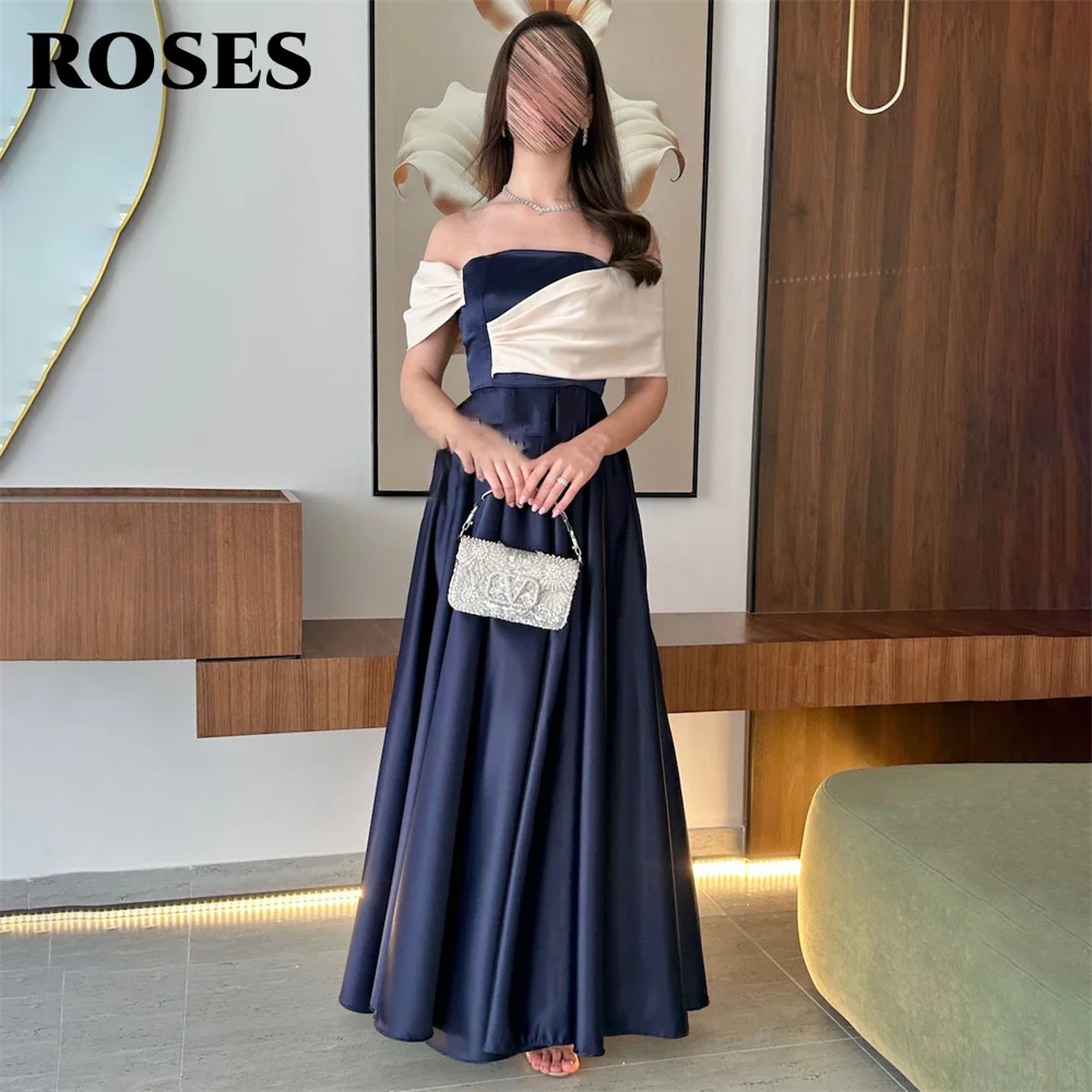 

ROSES Navy Blue Saudi Arabia Prom Dress Gown Pleat Formal Gown Off the Shoulder A-Line Evening Gown فساتين سهرة Customized