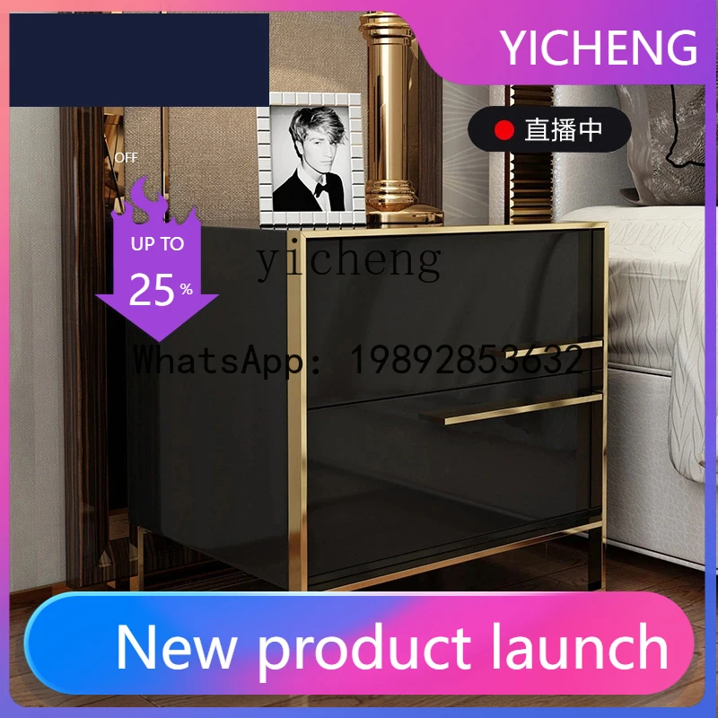 X6 Bedside Table Black and White Glossy Lacquer Stainless Steel Gold Plated Bedroom 40cm Storage Cabinet