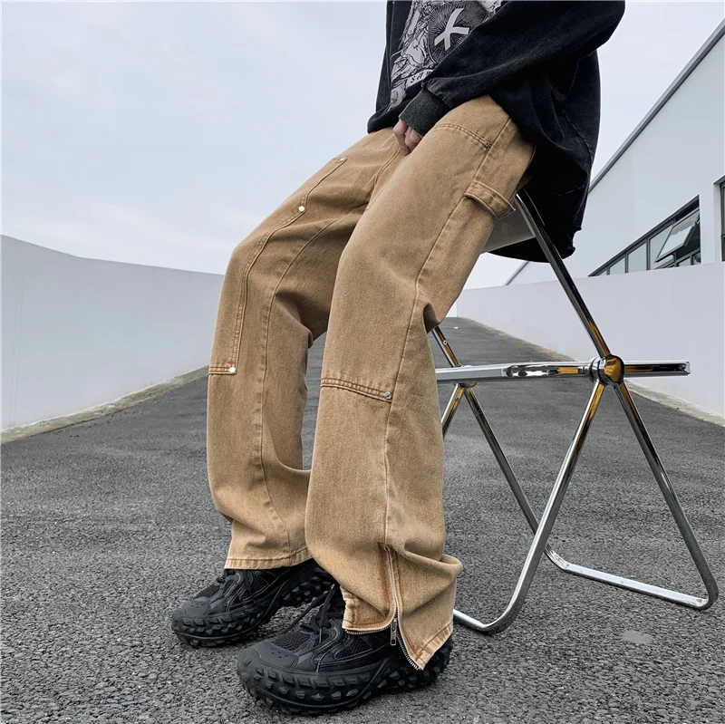 

2024 Stylish Loose Jeans Solid Color Male Loose Fit Wide Leg Denim Pants Bottoms Jeans Trousers for Outdoor Clothing P158