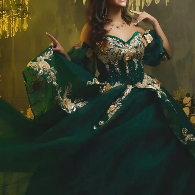 

Green Quinceanera Dress off-shoulder flower decal Long tail 3D flower Bow vestidos de 15 Quinceanera ﻿Customize
