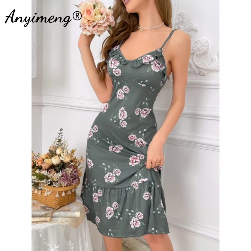 Lady Lingerie Gorgeous Women Nightgowns Summer Fashion Retro Nightdress Ruffle Dress Elegant Floral Homedress Chic Slim Gowns