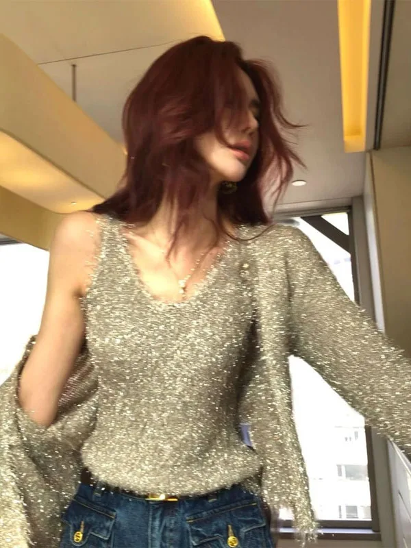 

ort Knitted Sweater Women's Premium Gold And Silver Tead Honey Weave Vest Coat Korean Sle Loose Fit Daily Wear