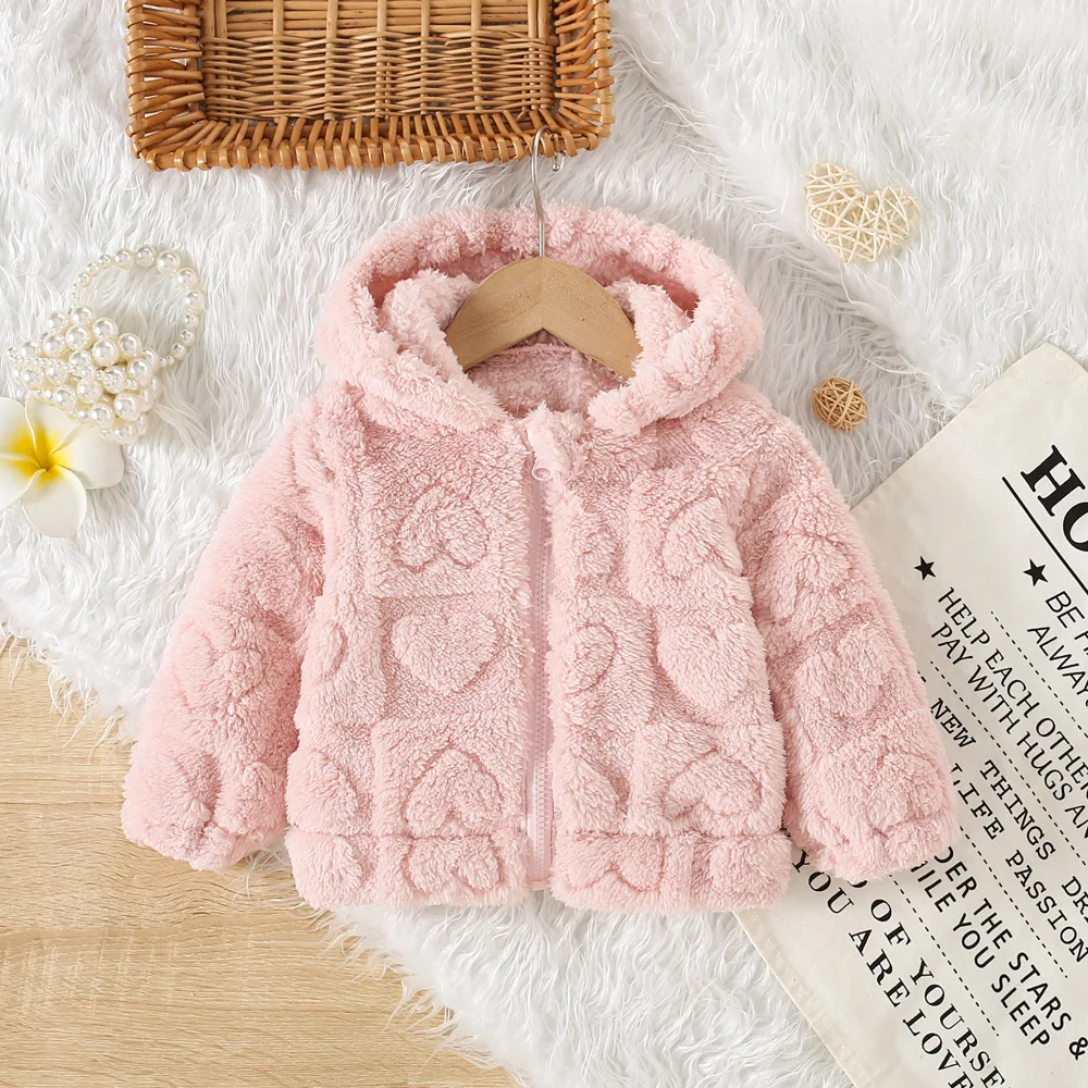 Autumn And Winter Woolen Sweater For Girls Cute Hooded Baby Girl Solid Color Cartoon Bear Heart-Shaped Woolen Jacket