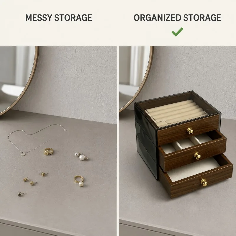 Wood Grain Smoky Clear Lid Jewelry Box 3‑Drawer Velvet Storage Dustproof Case Women Rings Earrings Necklaces Dresser Decor
