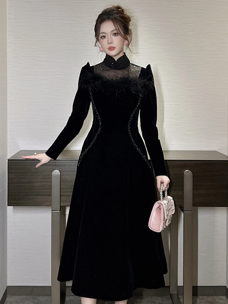 Robe de soirée en velours noir français pour femmes, vêtements élégants en maille transparente avec épissure de strass, Maxi Robe de soirée d'anniversaire