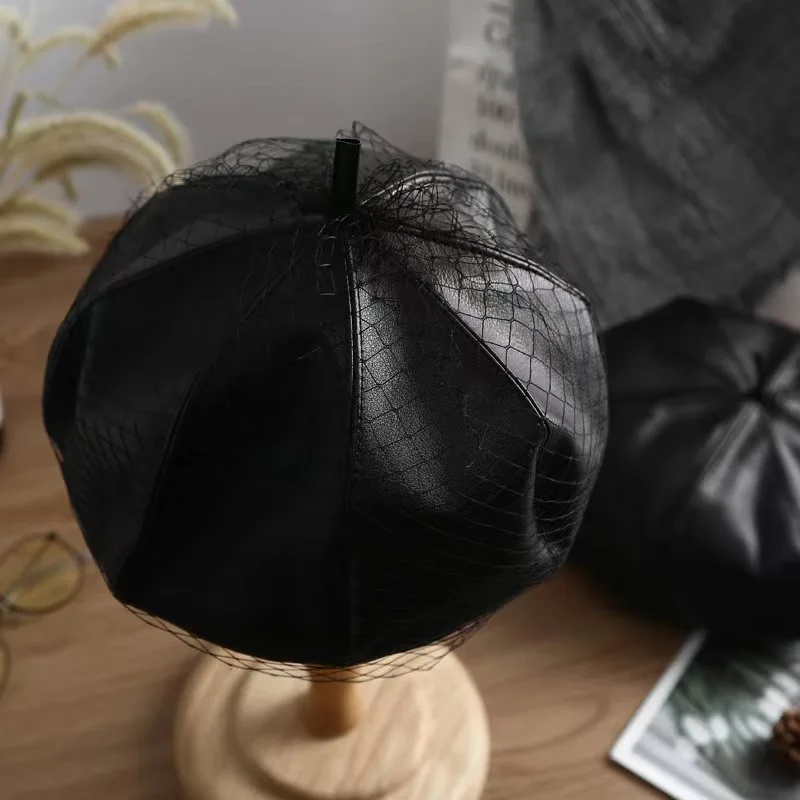 Fascinating Black Hat Chic Leather French Beret With Veil Mesh Show Double Layer Women Beret Beanies Cap