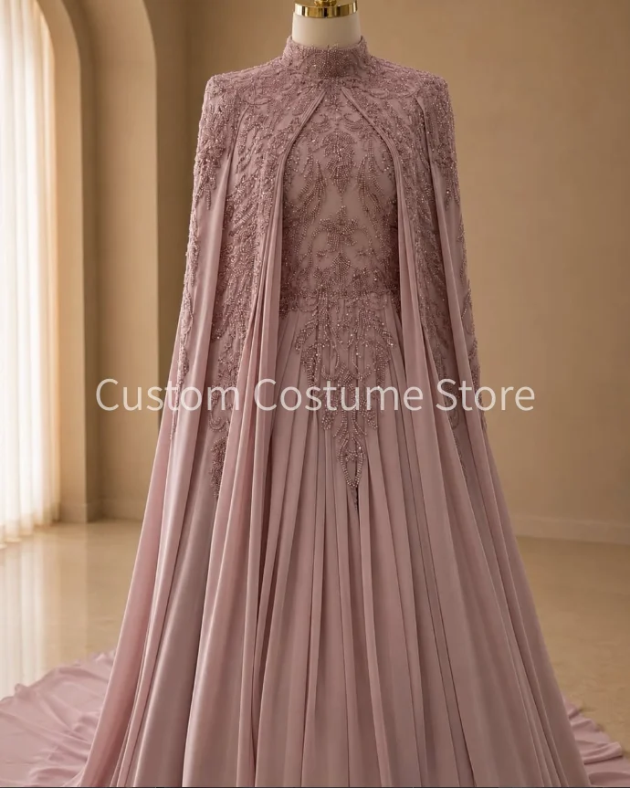 Muslim Caftan Dusty Pink Modest Wedding Dress with Cape Hijab Two Pieces Long Sleeve Beaded Islam Henna Bridal Gown Customized