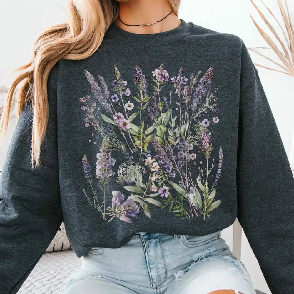 خمر الخزامى الربيع Cottagecore سترة المرأة طباعة سترة الراحة طويلة الأكمام الصوف Crewneck Y2K البلوز الشارع الشهير #6