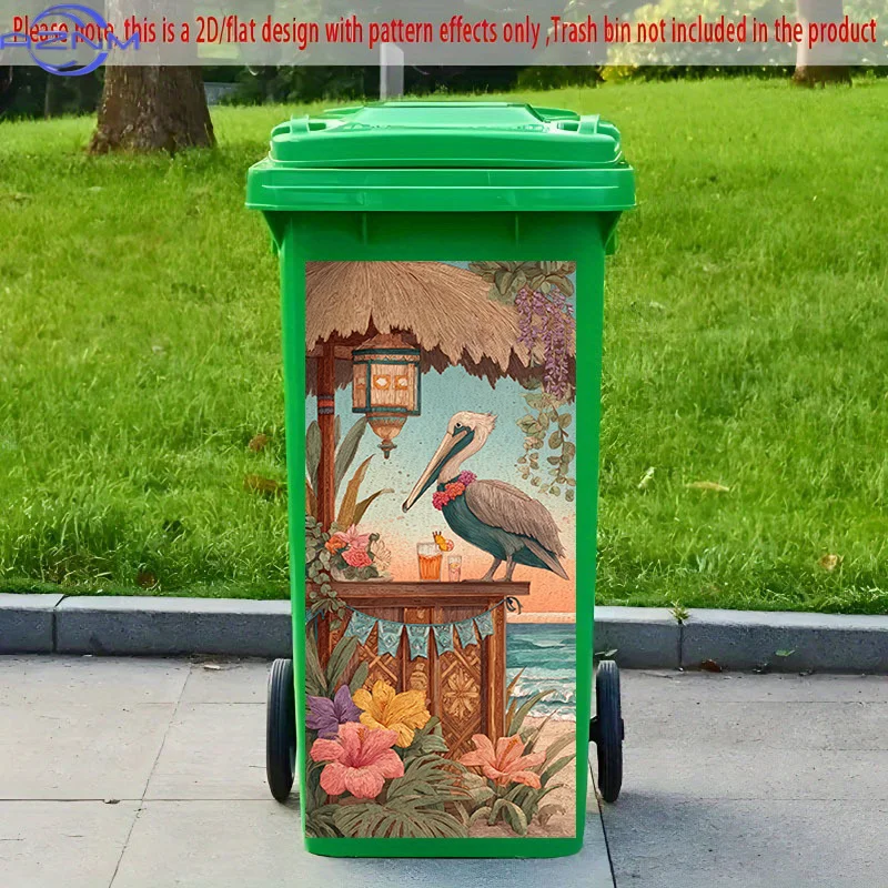 [2D Flat Printing] 1pc 2D Pattern Printed Kitchen Trash Can Sticker, X Cm Pelican Sipping on The Beach Theme Kitchen Home Deco