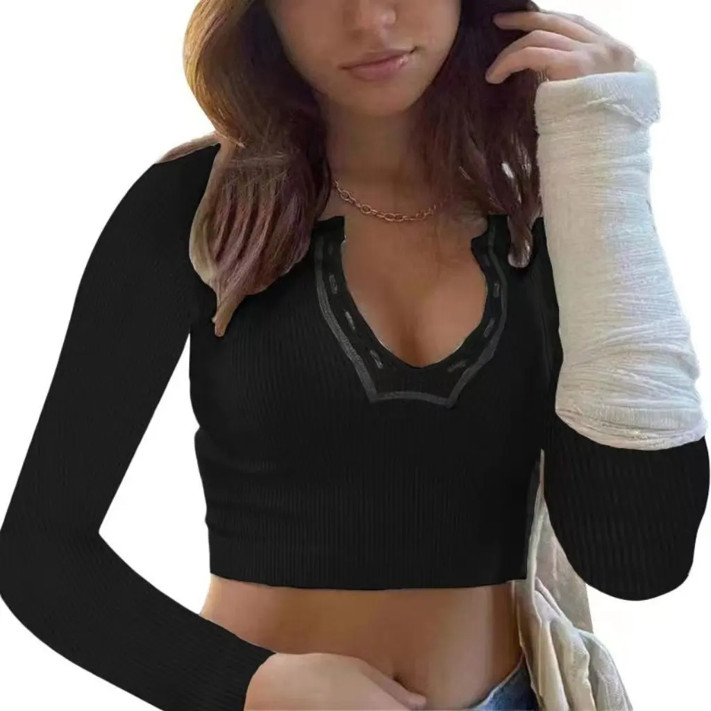 

Women's Slim-fit Long-Sleeved Vest Top V-Neck Navel-Exposed Base Coat Solid Color French Small Style for
