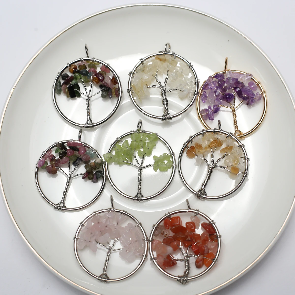 

7 Chakra Natural Gemstone Balance Tree of Life Pendant Energy Reiki Healing DIY Necklace Hanging Ornament Gift Accessories