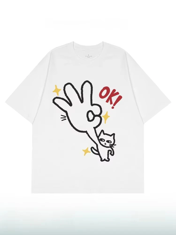 Fake OK Cat American-style Hand-painted Graffiti Round-neck Short-sleeved Casual and Relaxed Loose-f T Shirt