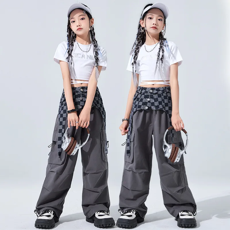 

Girls Hip Hop Crop Top Grey Baggy Pants White Black T Shirt Street Dance Loose Jogger Clothes Sets Fashion Streetwear Costumes