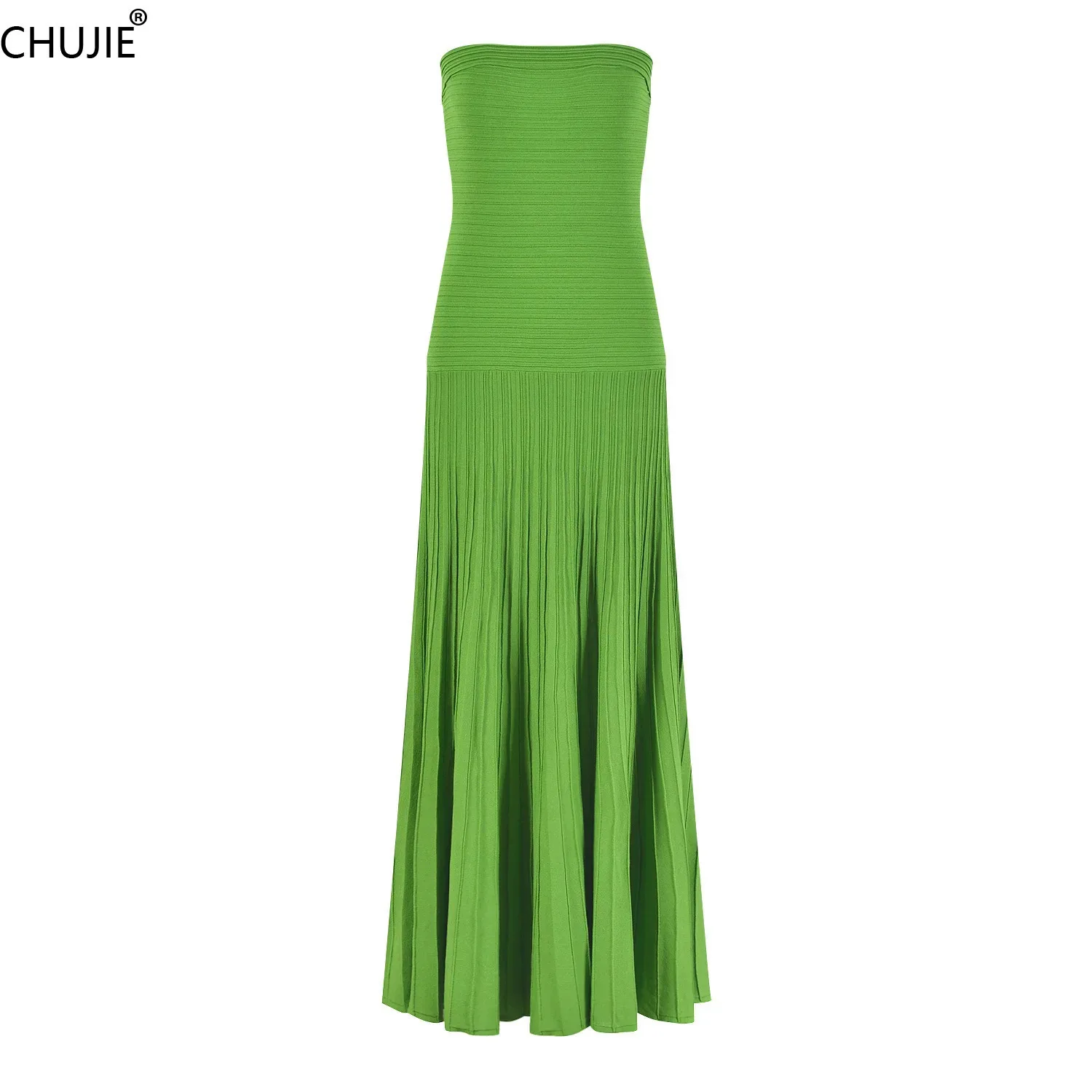 

CHUJIE Women's Dress Fashion Leisure High Street Commuter Green Off Shoulder strapless Dress2025 Spring New