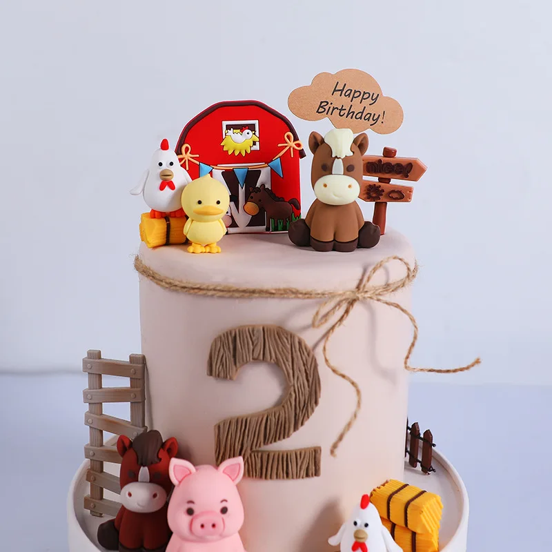 Farm Series Cake Topper Lambs Ponies Piglets Chickens Ducks Haystacks for Children's One Year Old Birthday Party Cake Decoration