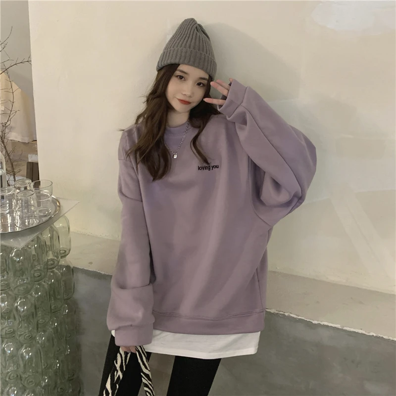 

Korean Style Letters Embroidery Sweatshirts Women Loose O-neck Long Sleeve Tops Fake Two Pieces Splicing Office Lady Pullovers