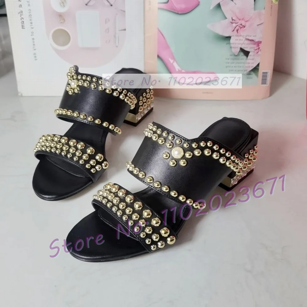 

Black Chunky Heels Slippers With Gold Rivets Women Sexy Cow Leather Wide Toe Strap Crystal Shoes Sexy Ladies Cool Open Toe Mules