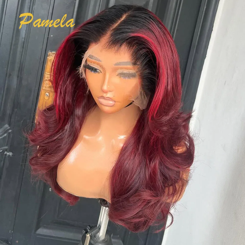 Burgundy 250% Density Wear and Go Glueless Wig Ombre 1B 99j Color Loose Wave 13x4 Lace Transparent Lace Frontal Human Hair Wigs