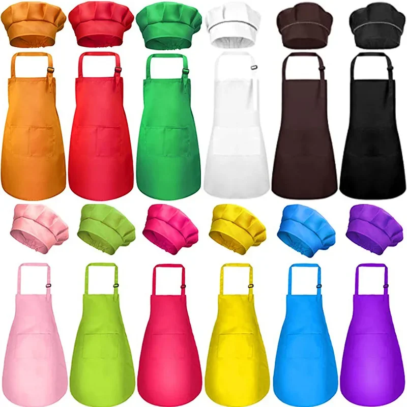 Children Baking Chef Apron Front Pocket Bib Boys Girls Apron Kitchen Craft Kids Apron Painting Cooking Baby Pinafore+Hat Sets