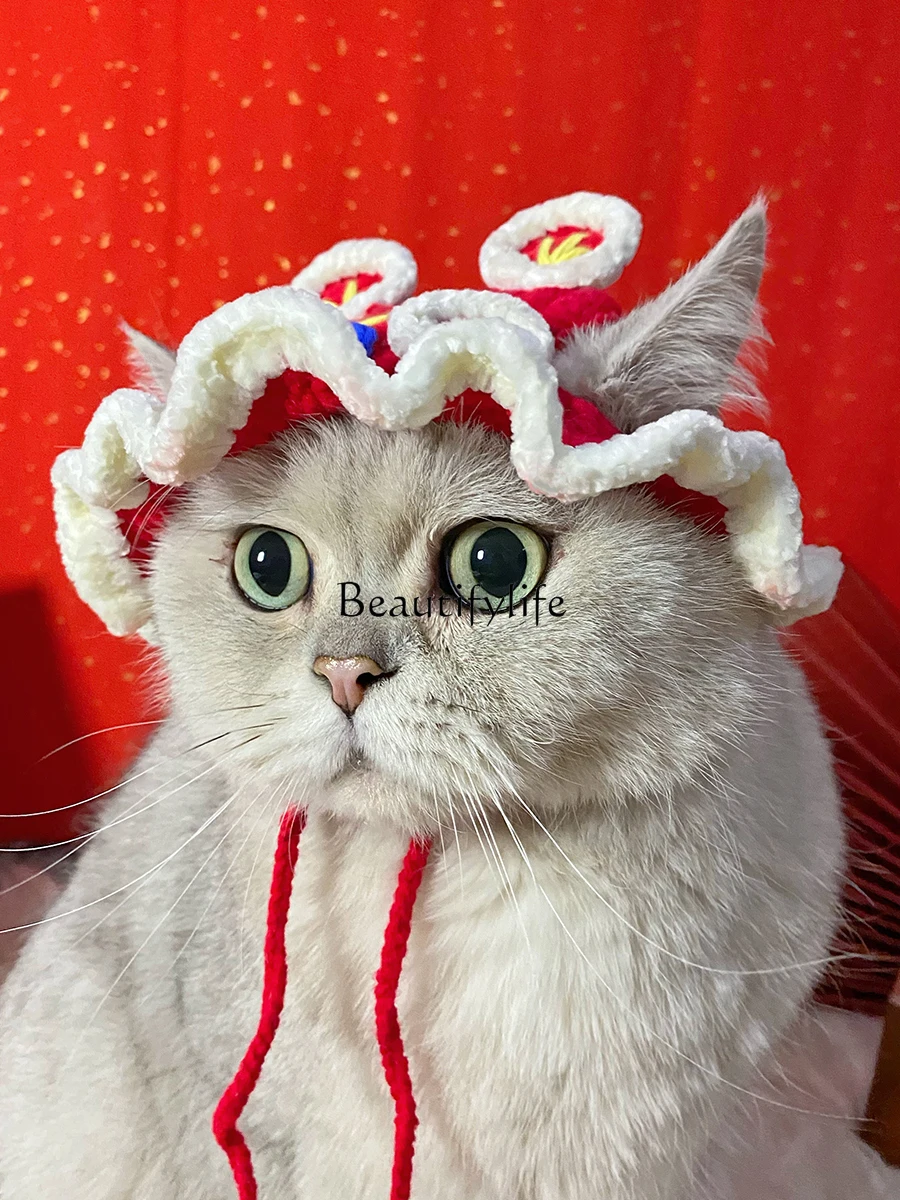 Pet Decorations Festive Lion Dance Hat Handmade Wool Knitted Cat Head Cover Photo Props