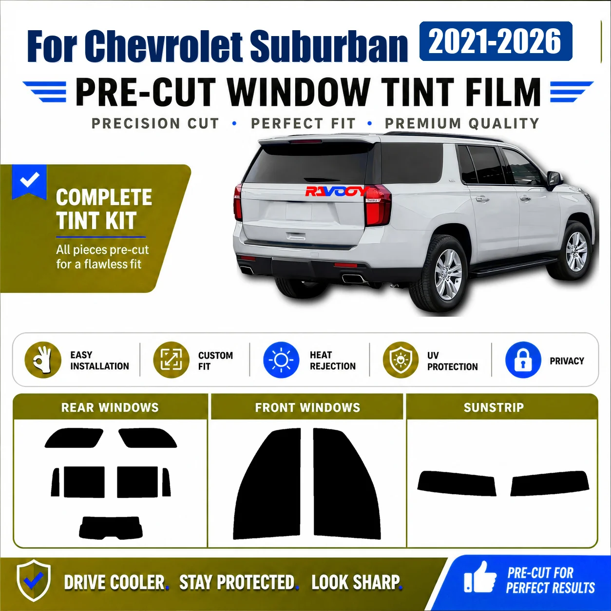 For Chevrolet Suburban 2021-2026 Privacy Tint Film Complete Window Custom Cut Kit