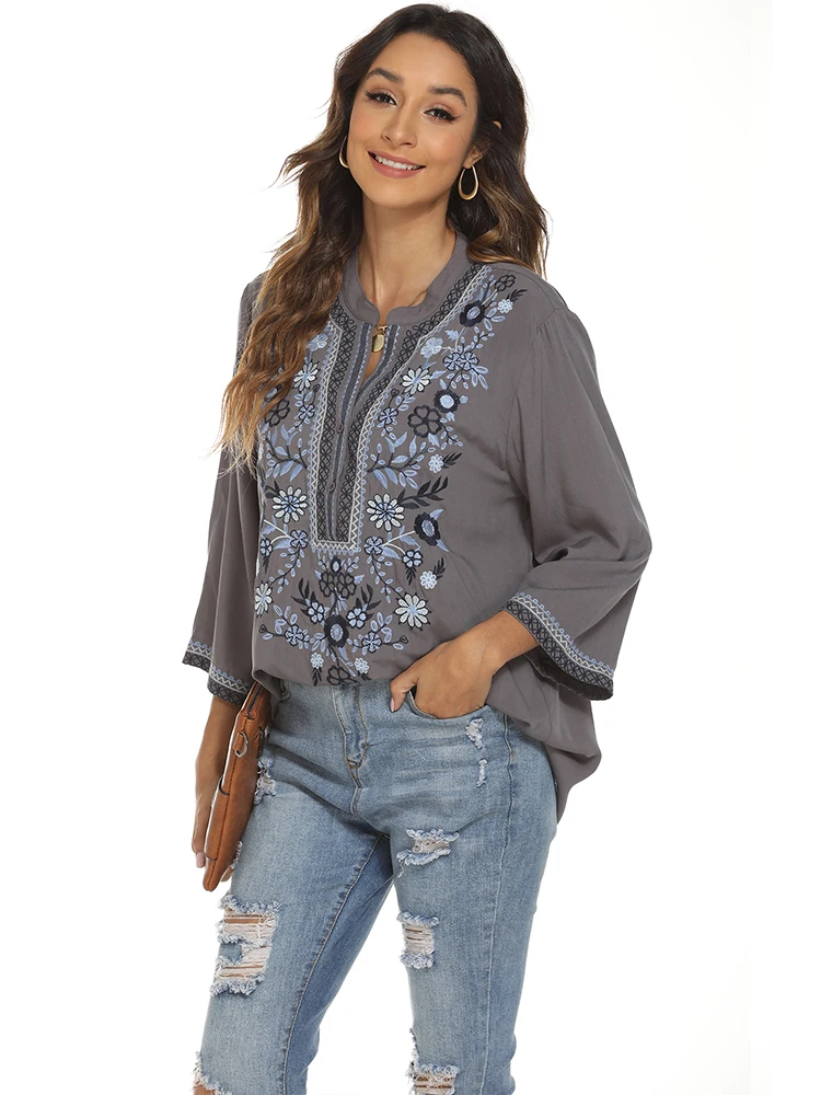 KHALEE YOSE Boho Embroidery Long Blouses Grey Flroal Boho Vintage Chic Blouse Summer Blouse Mexican Women 2 3xl Ethnic Shirts