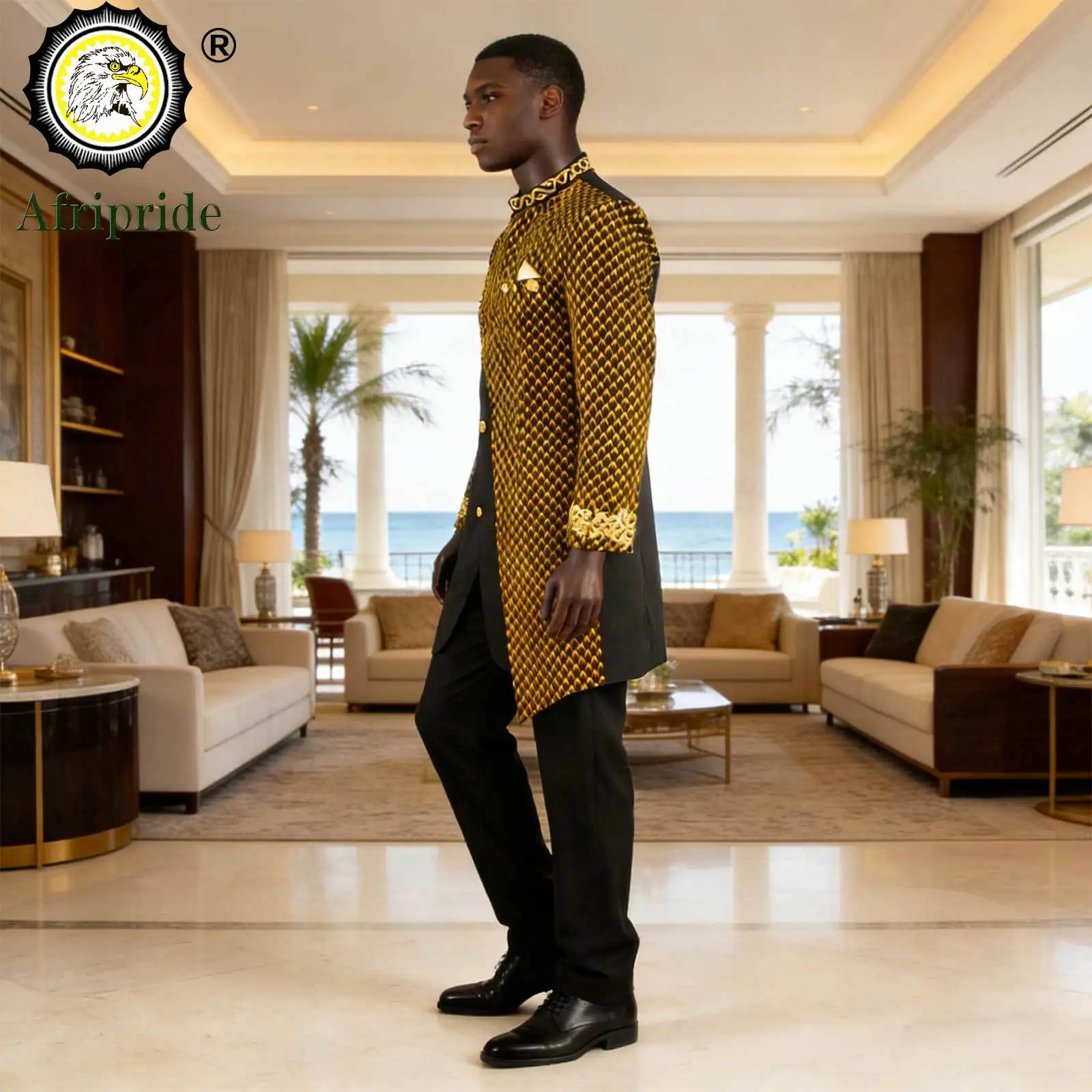 Trajes africanos para hombres, conjunto de chaqueta y pantalones con estampado bordado, traje de vestir de negocios con pañuelo, fiesta, boda, noche A 2316023