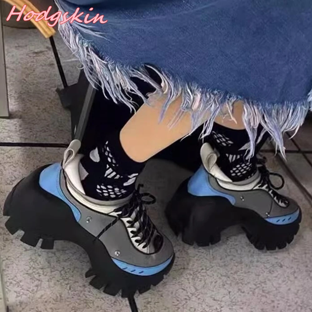 

2024 Spring Women Thick Sole Shoes Round Toe Mixed Colors Lace Up Height Increasing Shoes One Word Belt Casual Fashion Shoes