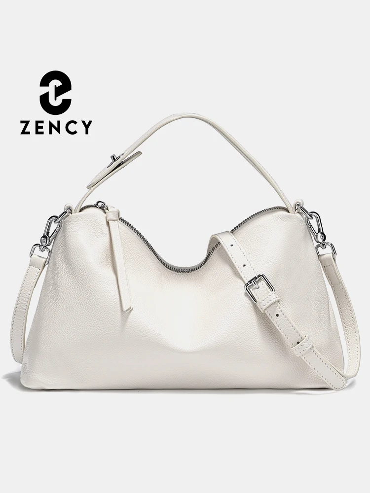 Zency Genuine Leather Tophandle Bag Fashion Hobo Bag Women Shoulder Handbag Crossbody Designer Elegant White Satchel Retro Brown