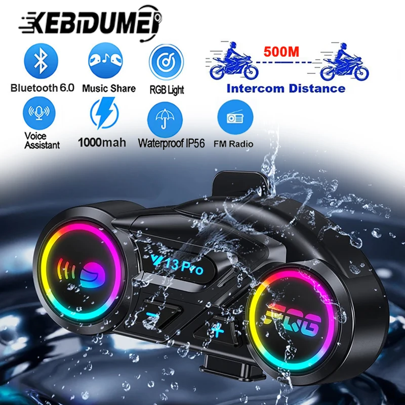 

1/2x RGB FM-переговорник 500 м Bluetooth 6,0 мотоциклетный шлем домофон громкая связь водонепроницаемый музыкальное сообщение шумоподавление 1000 мАч