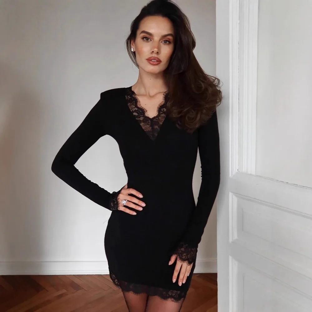 

Элегантное облегающее платье с кружевным V-образным вырезом для женщин, весна-лето, повседневное, офисное, для путешествий, однотонное, приталенное, с длинным рукавом, вязаное