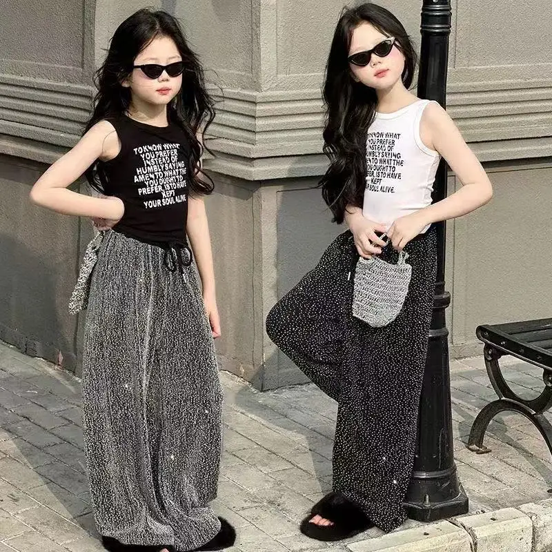 

Girls' Summer Set 2025 New Korean Style Casual Fashion Girls' Sleeveless Tank Top Wide Leg Pants Two Piece Set Cool Fashion