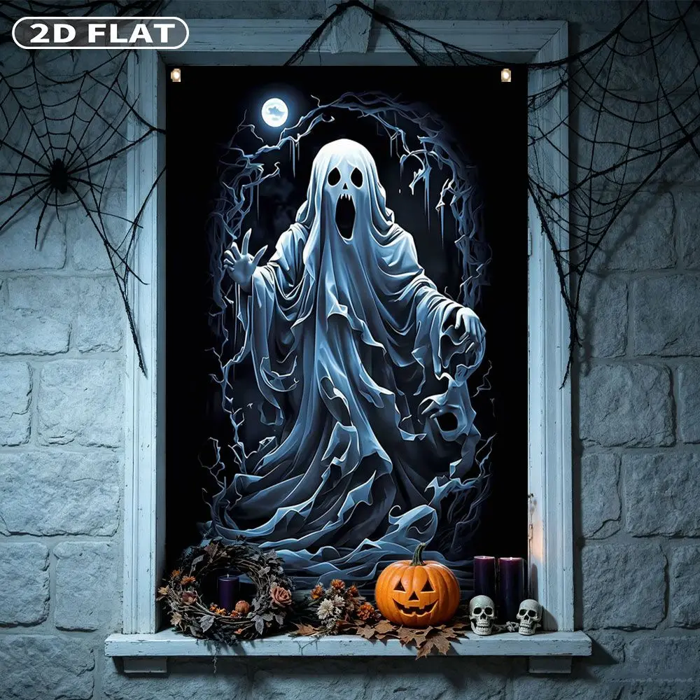 2D FLAT 1pc Party Banner, Halloween Window Cover with Glowing Ghost Under Moonlight On Black Background,122x88cm, Polyester
