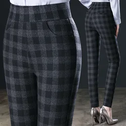 High-waisted Plaid Pants Women Spring and Autumn High Elastic Oversized Size Mother Small Pants Casual Leggings Pants