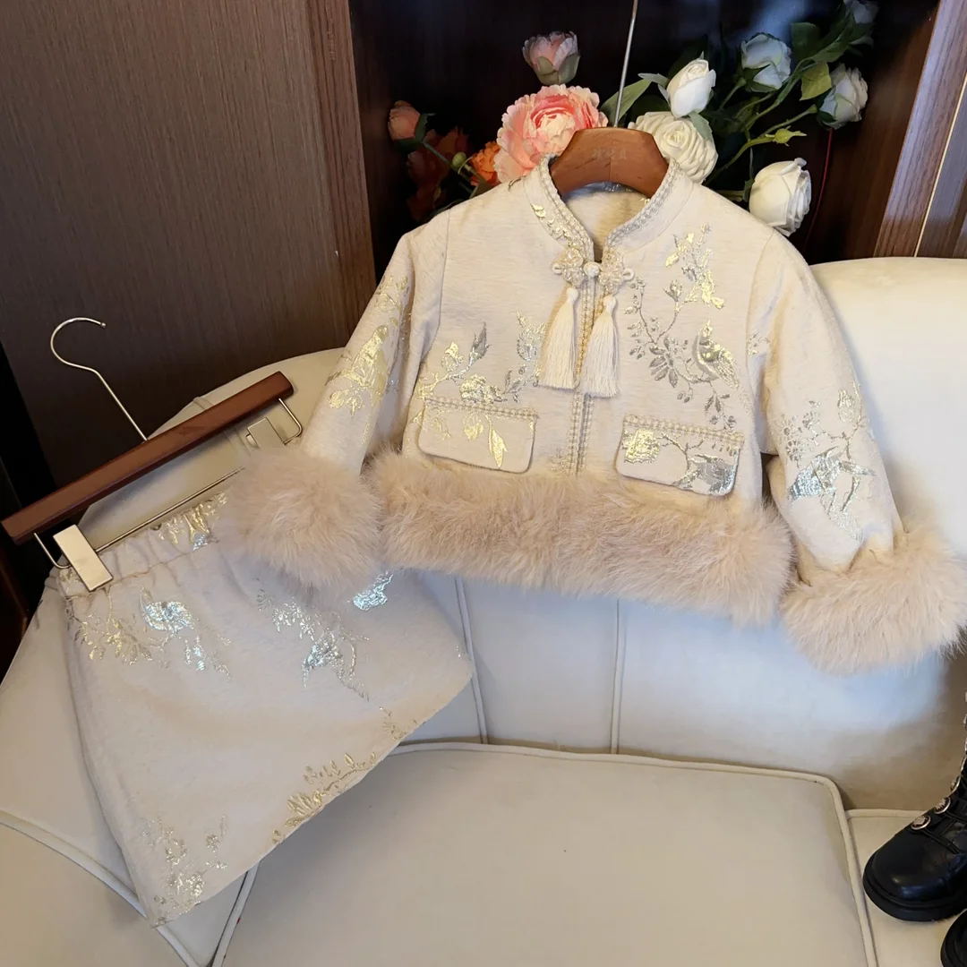 Ricamo floreale cappotto spesso + gonna corta 2 pezzi bambini inverno principessa vestiti Set bambino ragazza autunno abbigliamento bambini vestito