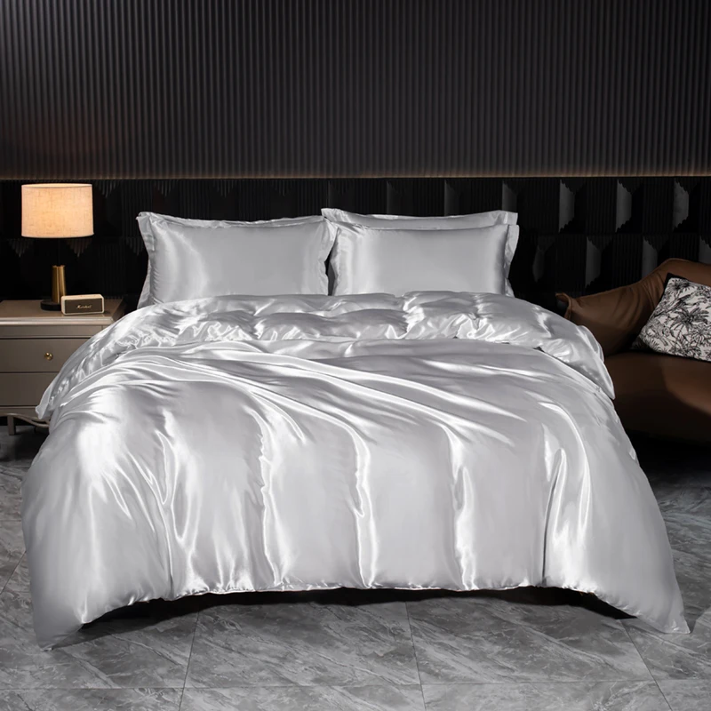 Silver Gray Satin Duvet Cover Bedding Set with 2 Pillowcases Luxury Comforter Covers Solid Color Double Single King Queen Size