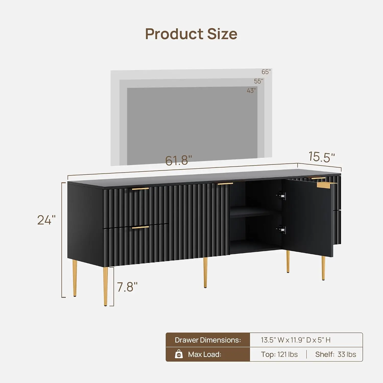Modern TV Stand Entertainment Center 62 Inch with 4 Drawers Fluted Media Console for Living Room Bedroom 55-70 Inch, Customized