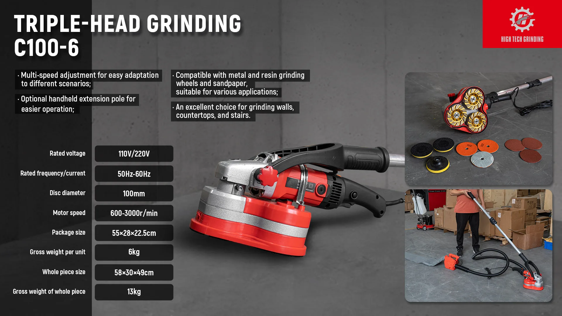 3 Discs Dust-Free 110V 220V Portable Concrete Wall Grinder HandHeld Concrete Floor Grinding Machine For Sale