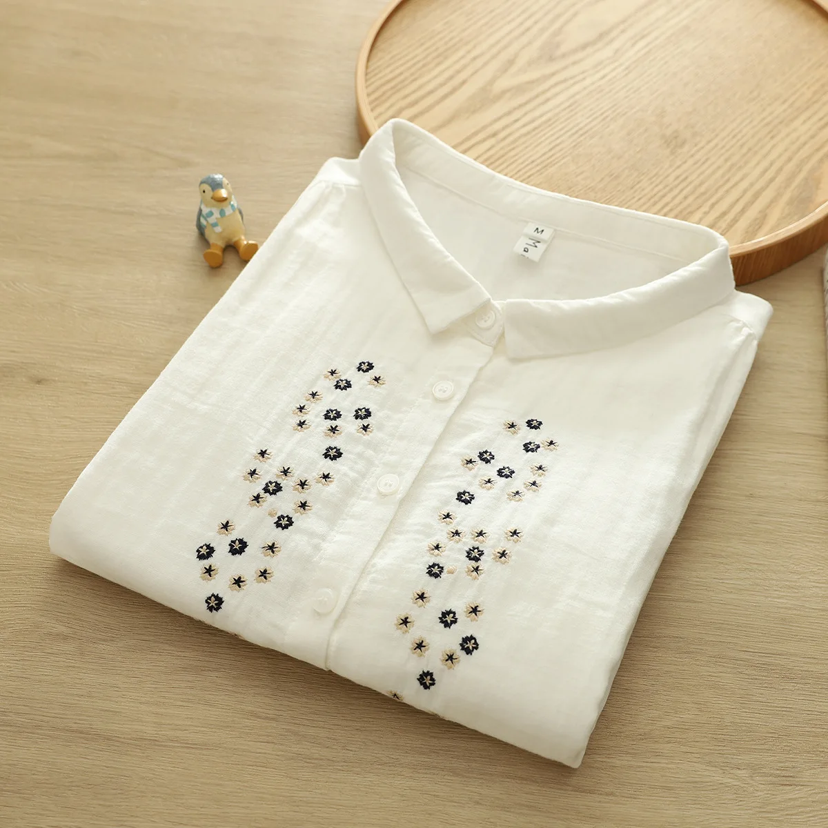 ใหม่2025ฤดูร้อนเส้นด้ายฝ้าย3/4แขนเสื้อผู้หญิงLapelดอกไม้เย็บปักถักร้อย, Moriสาวสบายๆเสื้อหลวมๆT54360CC