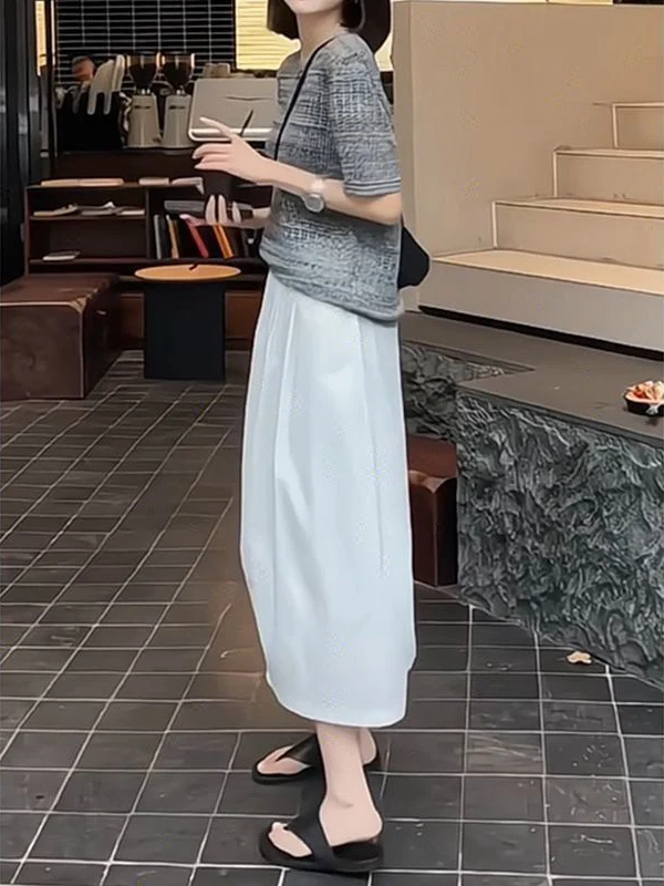 Falda acampanada de cintura alta para mujer, novedad de verano, cintura elástica, ropa de trabajo informal adelgazante, falda por debajo de la rodilla Ele Commute