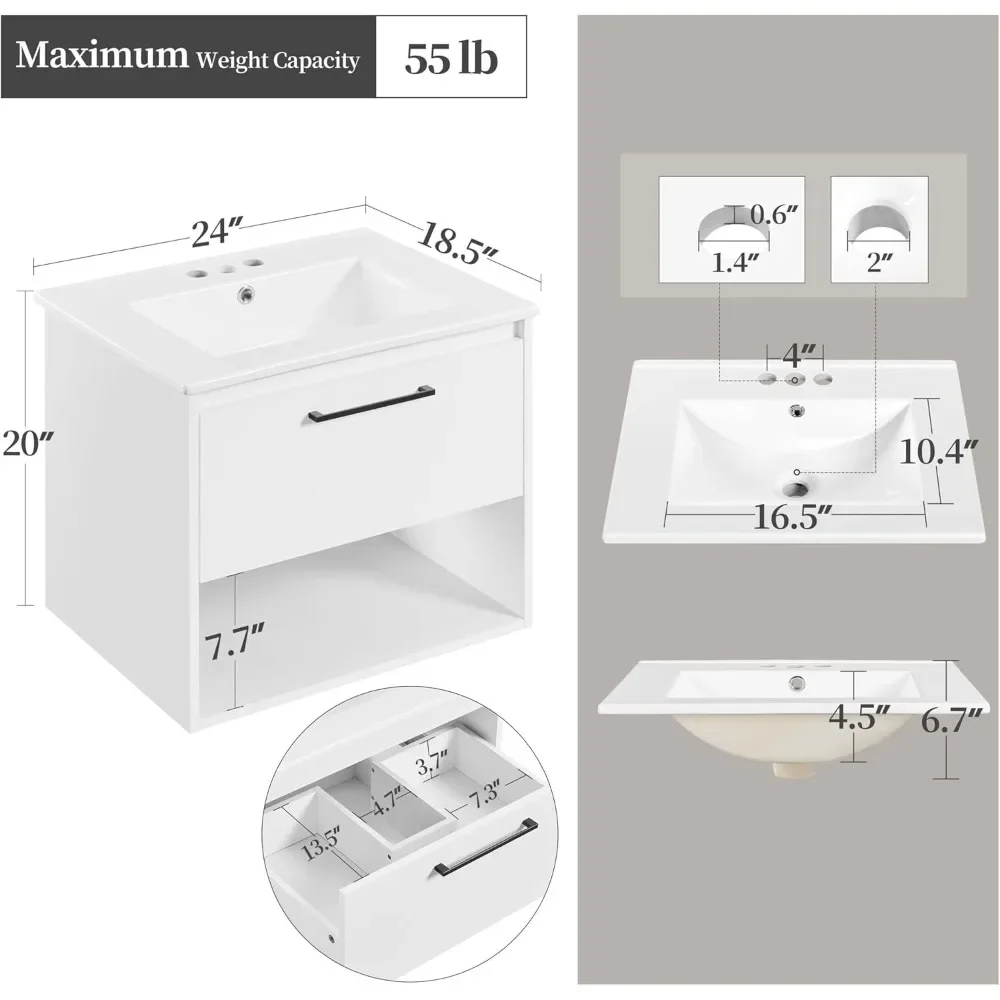 Vanity da bagno da 24" con lavabo, mobiletto da bagno a parete, lavabo da bagno moderno con set combinato lavabo