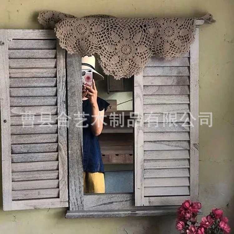 Shutters European pastoral retro false window frame American coffee shop decorative window wooden wall decoration wall