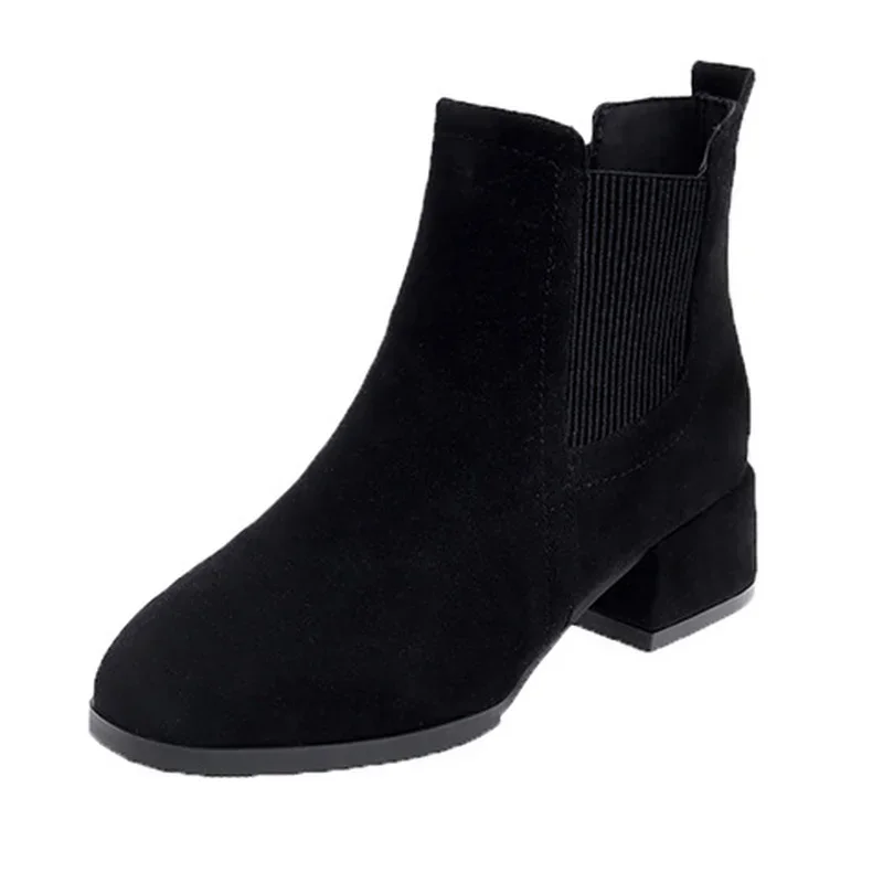 Botas de tornozelo femininas outono inverno botas deslizamento-on dedo do pé redondo 3.5cm salto quadrado sólido casual preto camelo botas tamanho 35-43