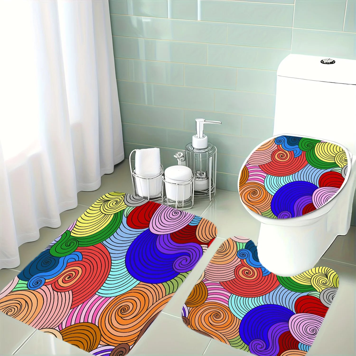 

Christmas Decoration, 3pcs Set of Bathroom Mats and Toilet Covers with High-Saturation Spiral Patterns in Red, Yellow, Blue