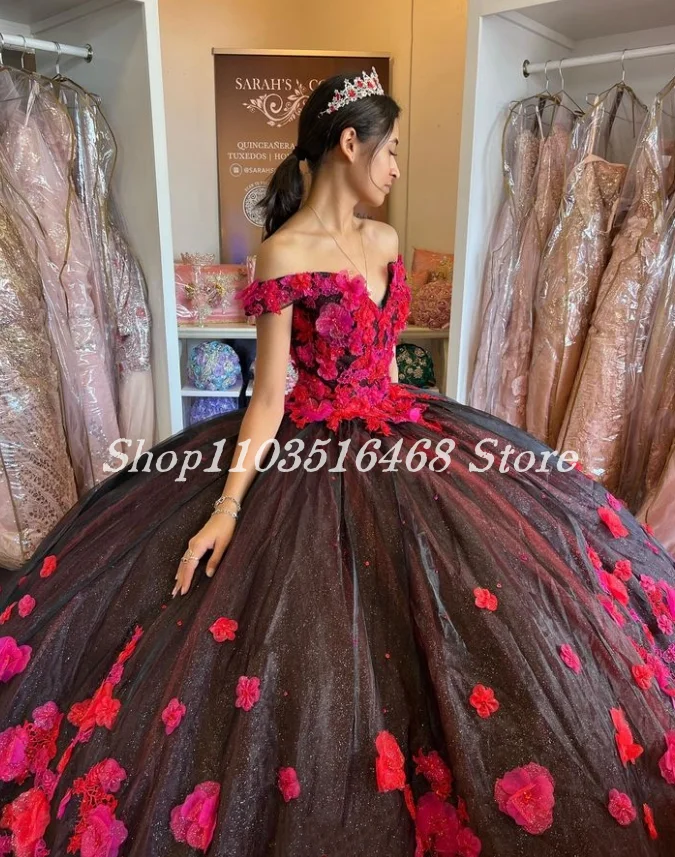 Quinceanera Princess Puffy Vestido, Espumante, Preto, Vermelho, 3D cravejado de flores, lantejoulas, frisado de cristal, 15 Anos